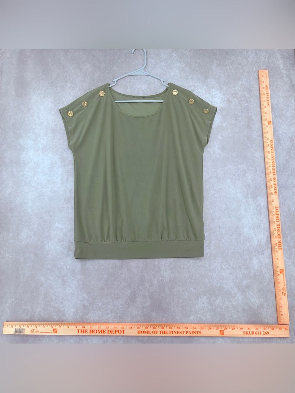 Women’s Olive Green Short Sleeve Top with Gold shoulder buttons